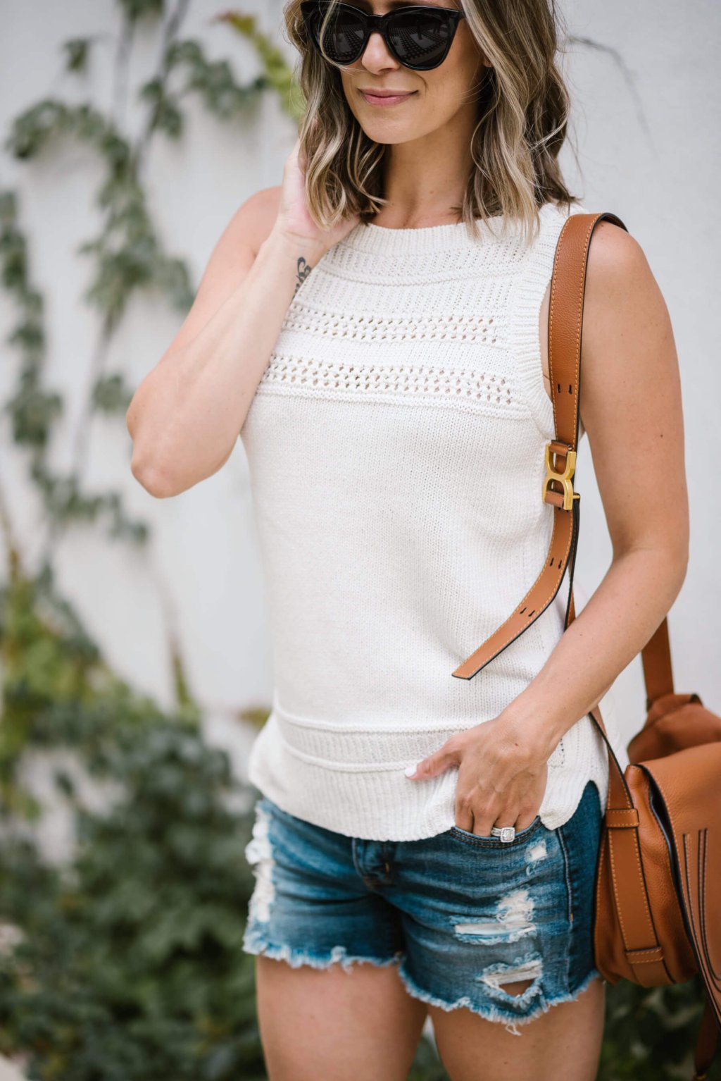 summer style: tank, cut offs, cross body, sunglasses, wedges