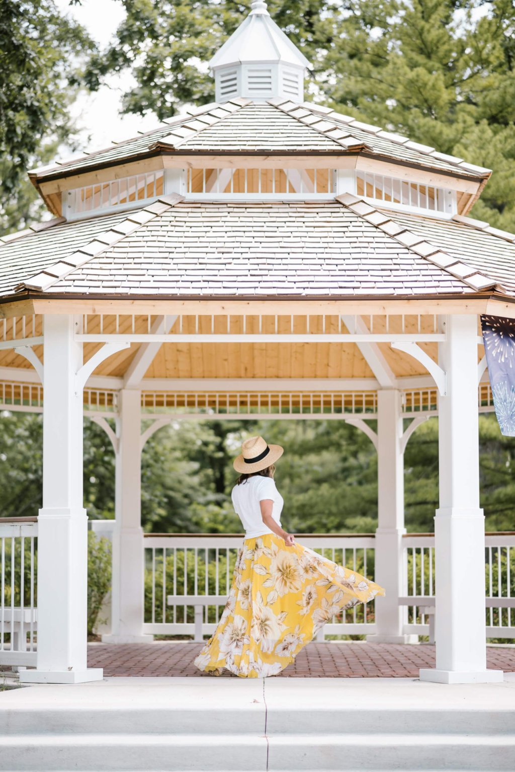 Summer style: floral maxi skirt, white tee, straw hat, sunglasses, sandals