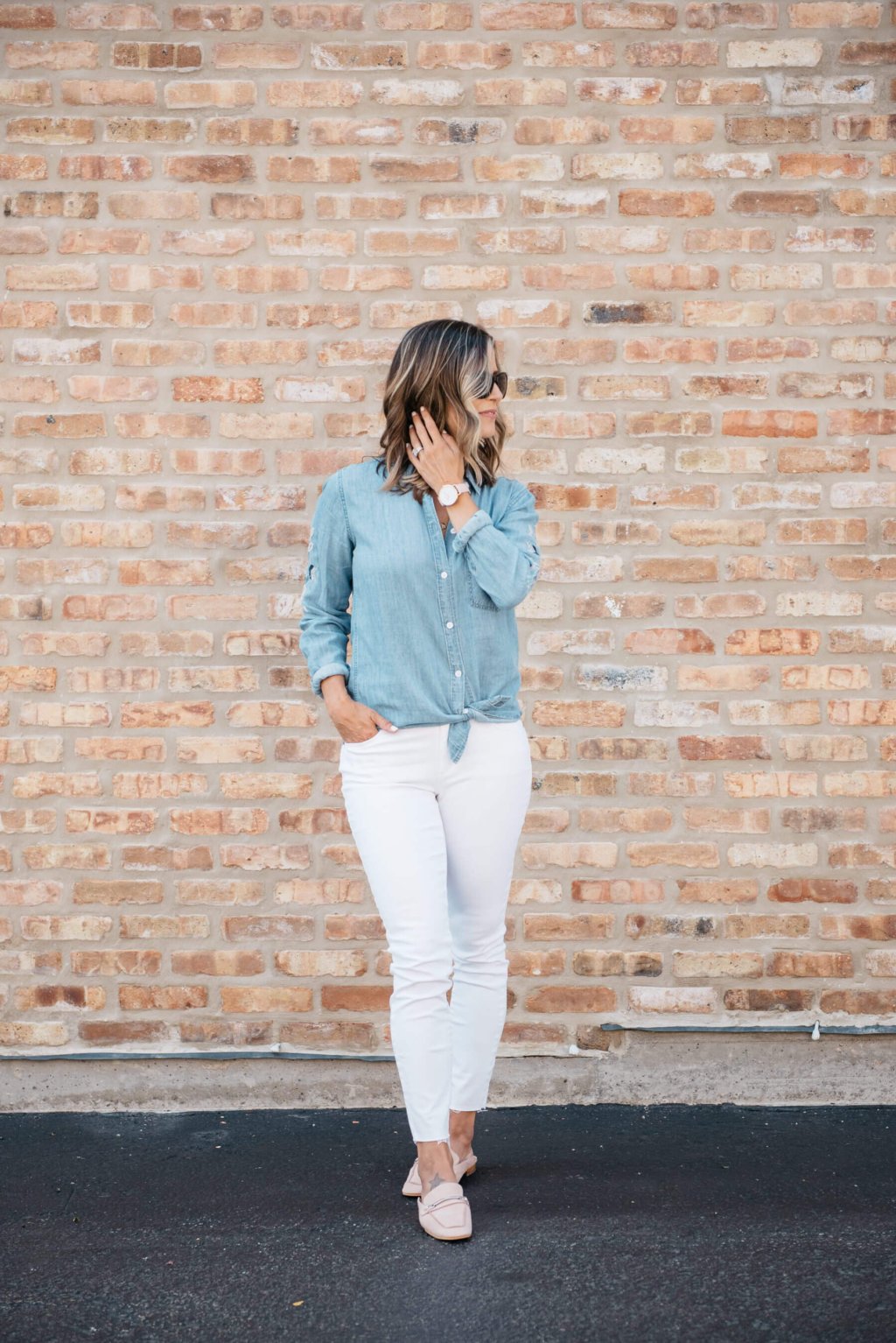 Embroidered chambray, white denim, mules, sunglasses