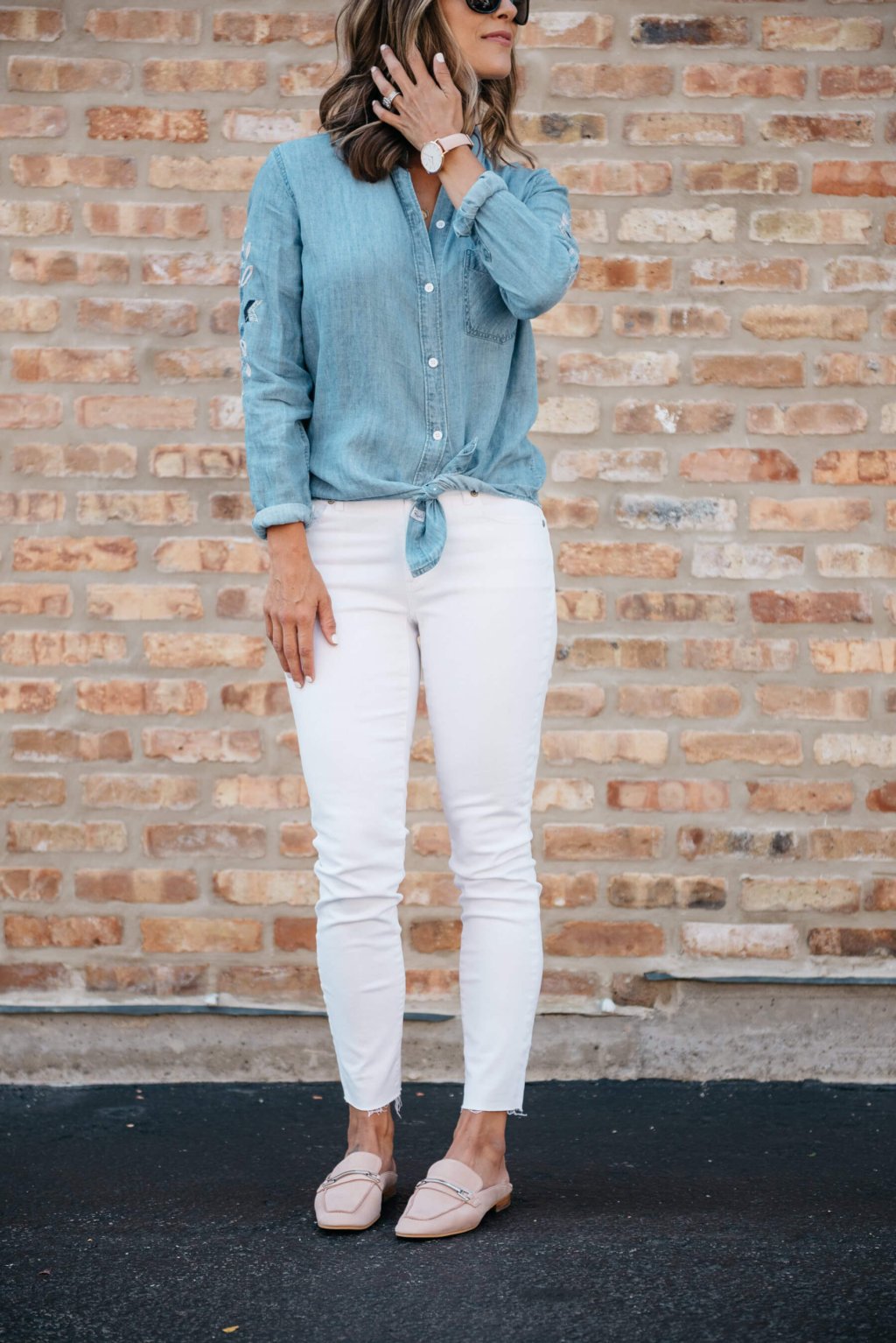 Embroidered chambray, white denim, mules, sunglasses