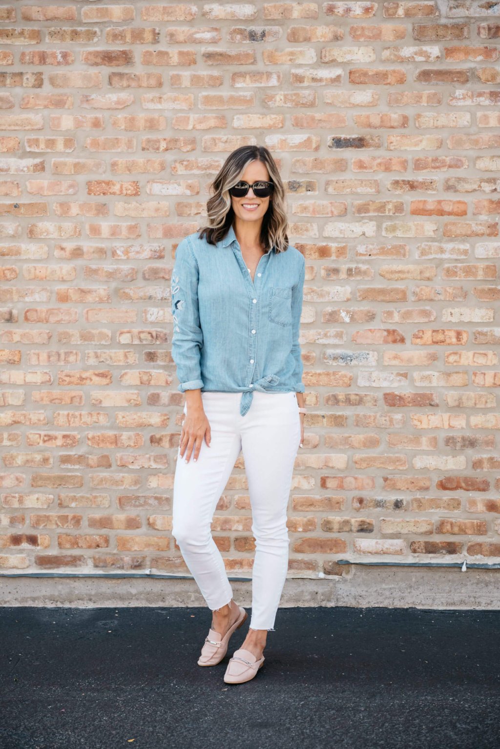 Embroidered chambray, white denim, mules, sunglasses
