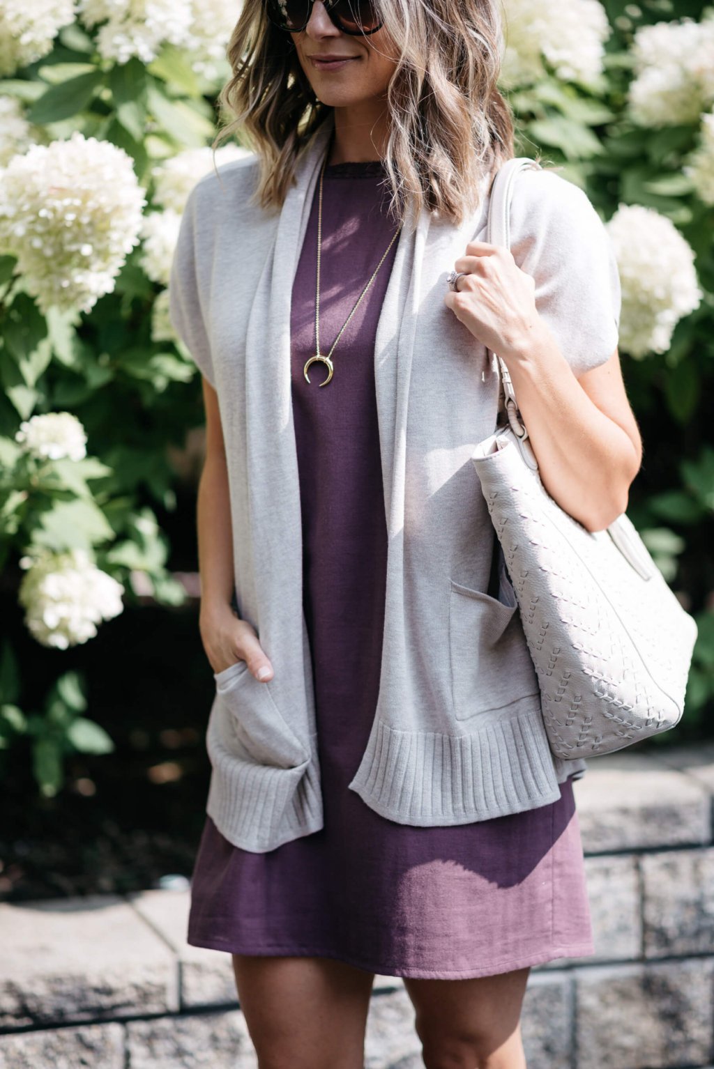 Summer to fall style, dress, cardigan, booties, sunglasses, pendent necklace