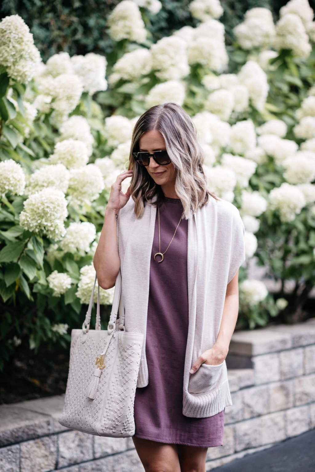 Summer to fall style, dress, cardigan, booties, sunglasses, pendent necklace
