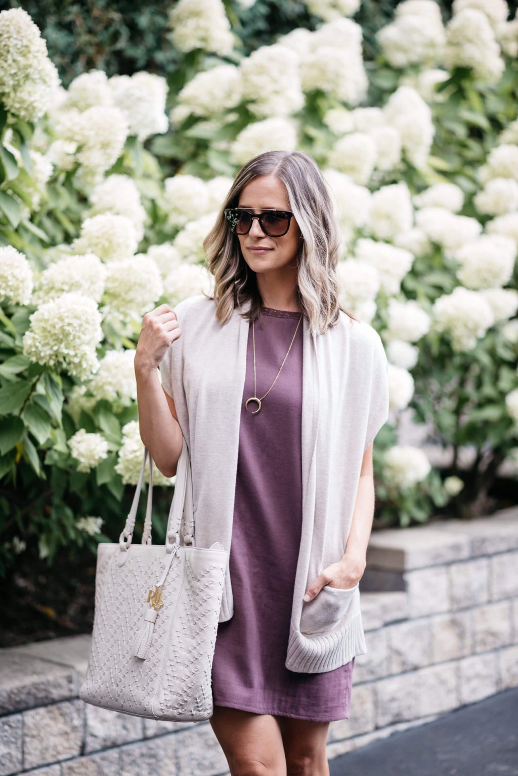 Summer to fall style, dress, cardigan, booties, sunglasses, pendent necklace