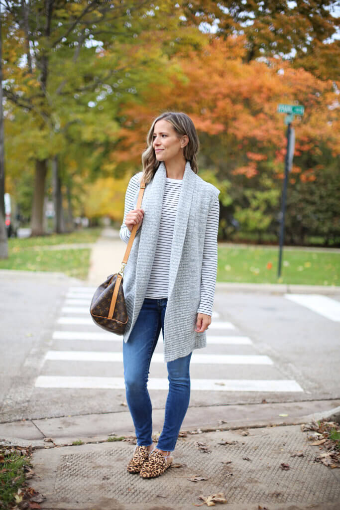 Thanksgiving outfit, striped tee, cardigan, denim, mules, and Louis Vuitton bag