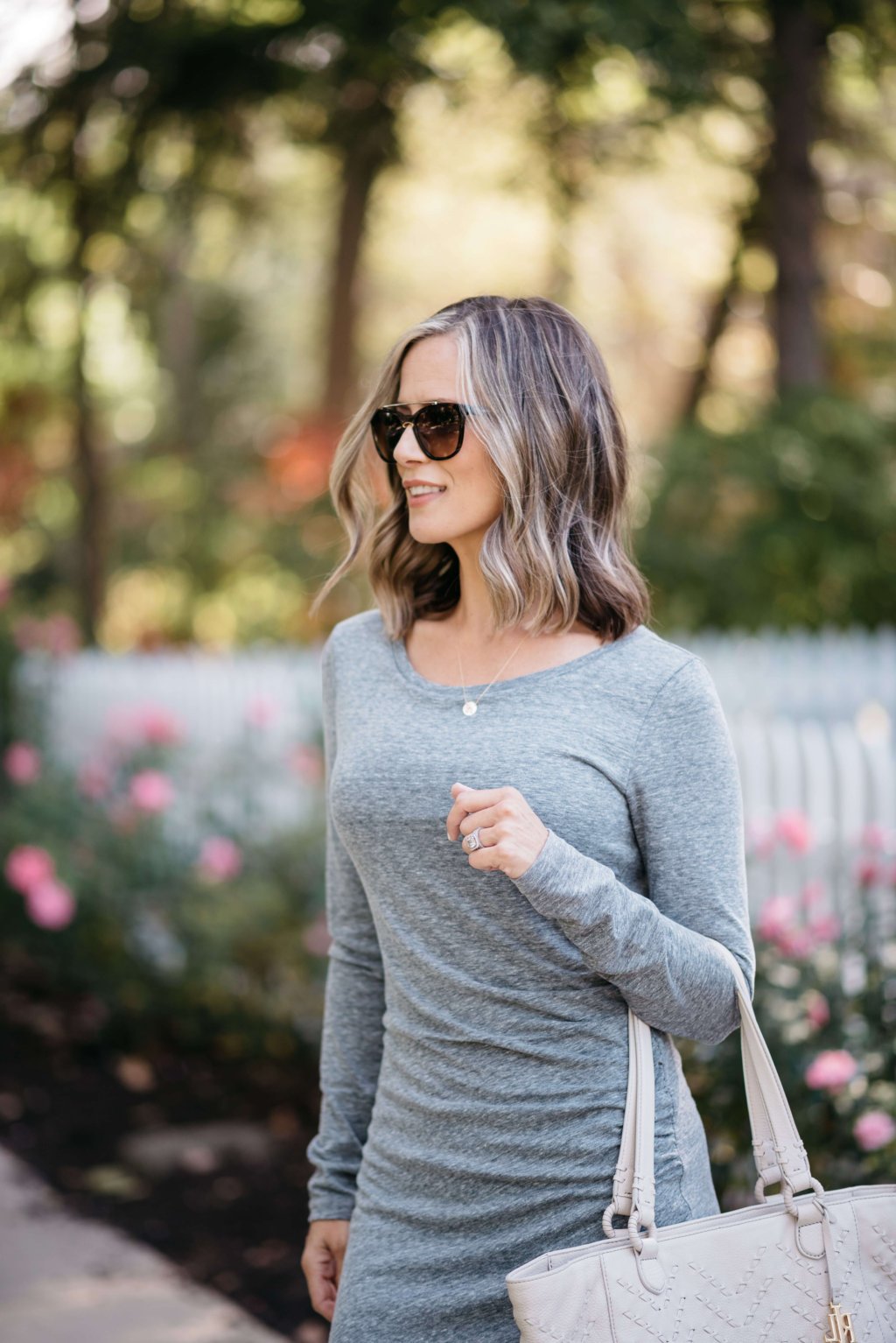 Viral dress, sneakers, tote, and sunglasses
