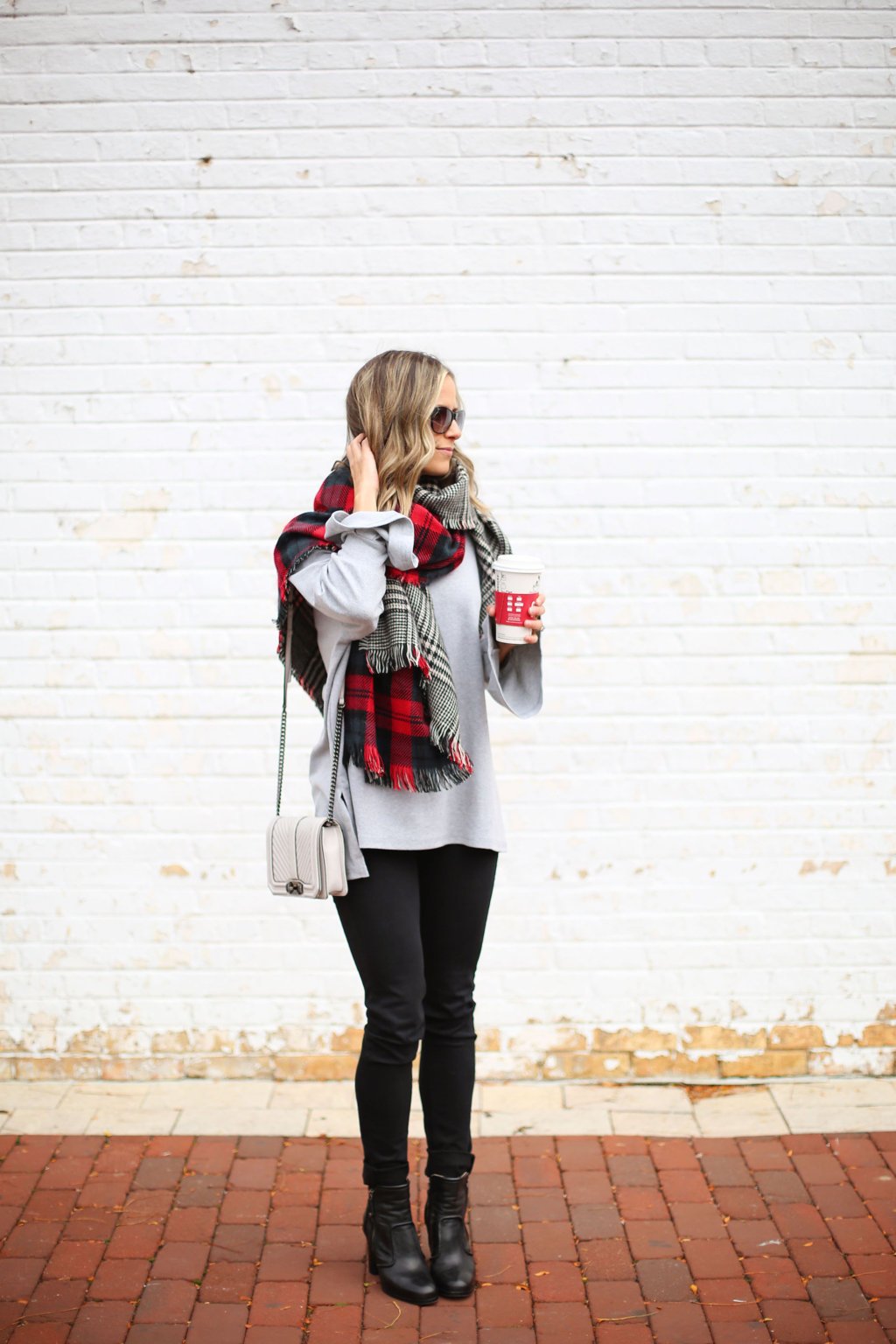 Sweater, black denim, booties, cross body bag, blanket scarf 