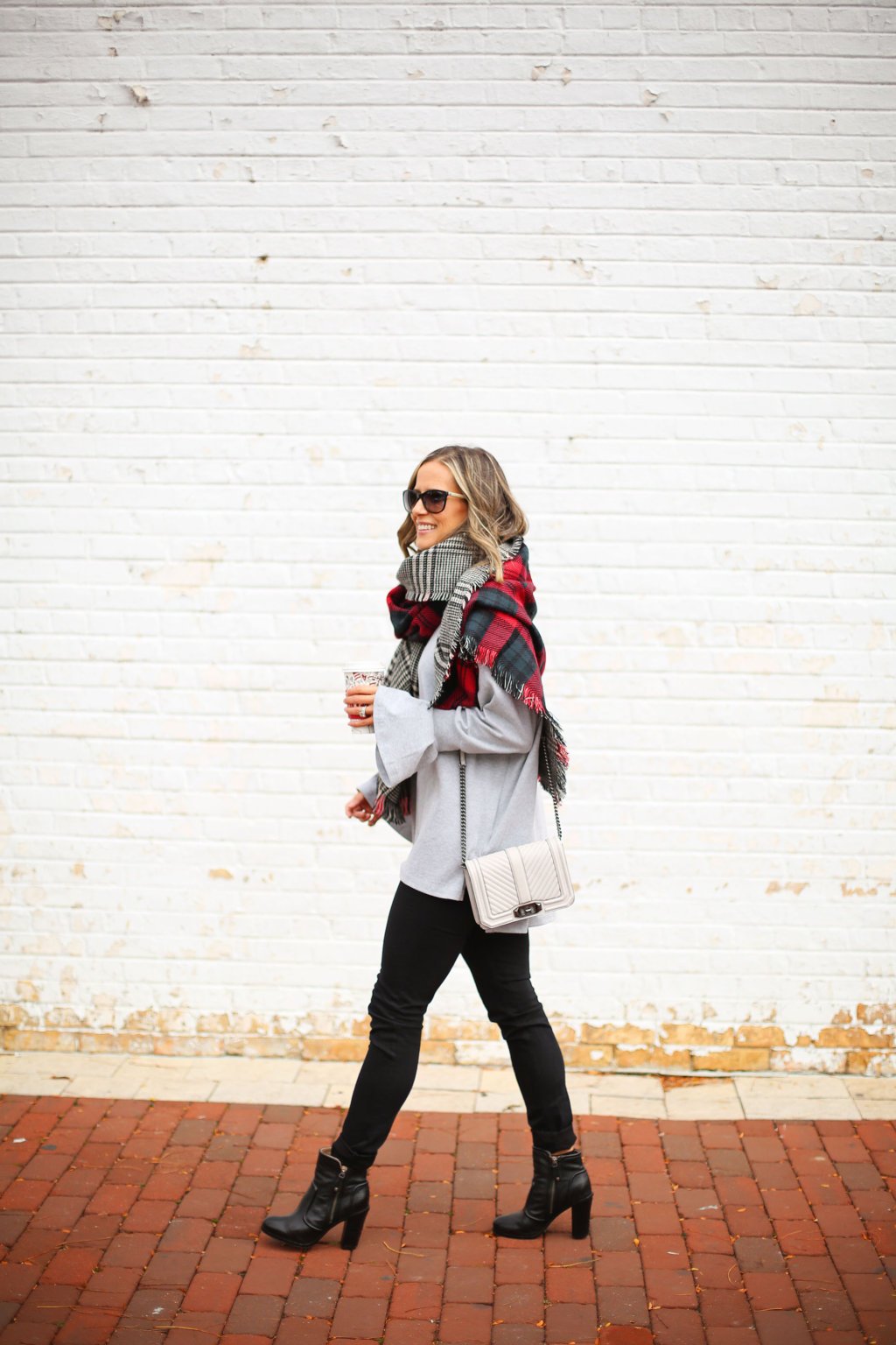 Sweater, black denim, booties, cross body bag, blanket scarf 