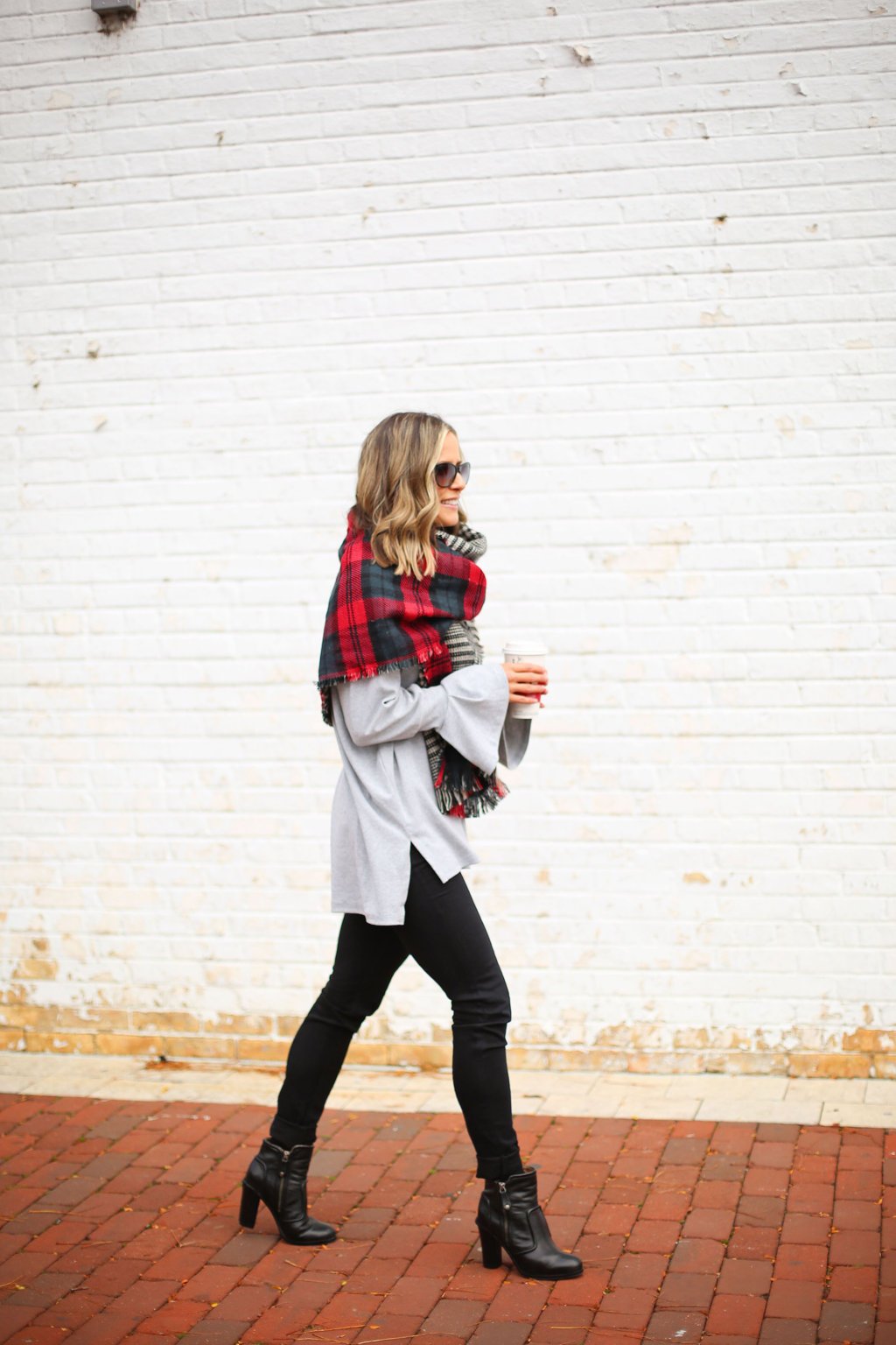 Sweater, black denim, booties, cross body bag, blanket scarf 