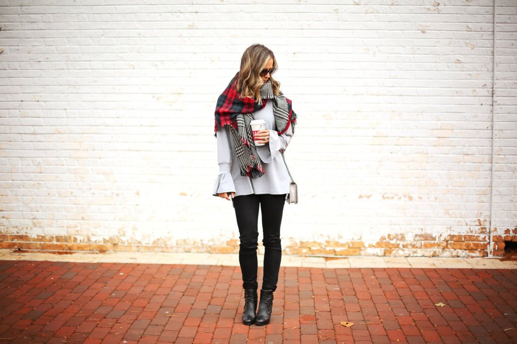 Sweater, black denim, booties, cross body bag, blanket scarf 