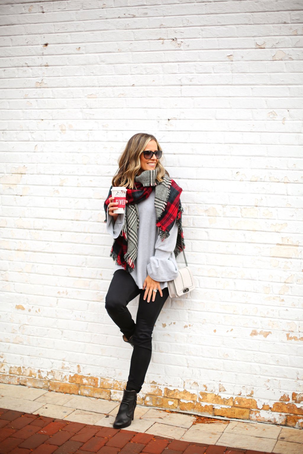 Sweater, black denim, booties, cross body bag, blanket scarf 