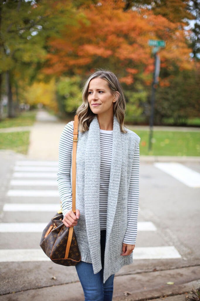 Thanksgiving outfit, striped tee, cardigan, denim, mules, and Louis Vuitton bag