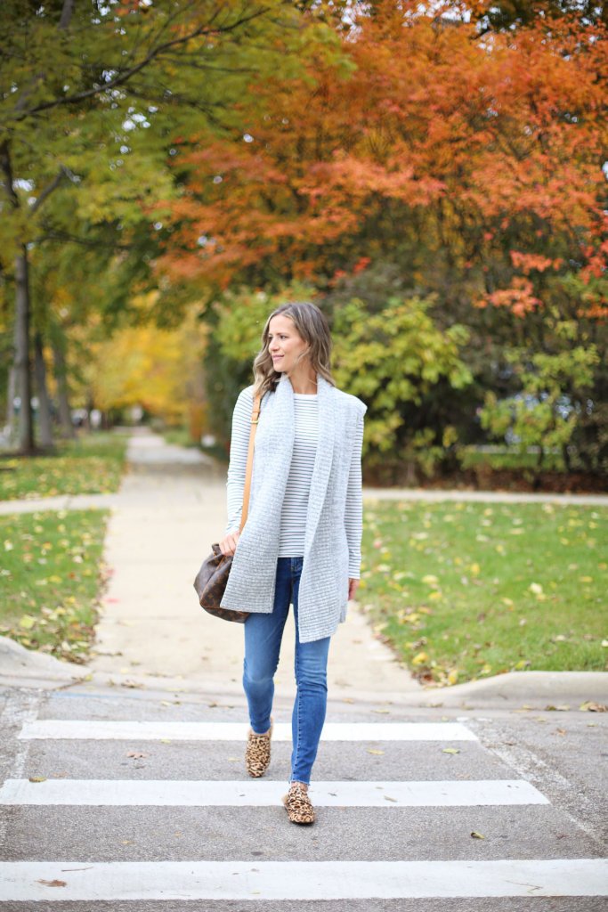 Thanksgiving outfit, striped tee, cardigan, denim, mules, and Louis Vuitton bag