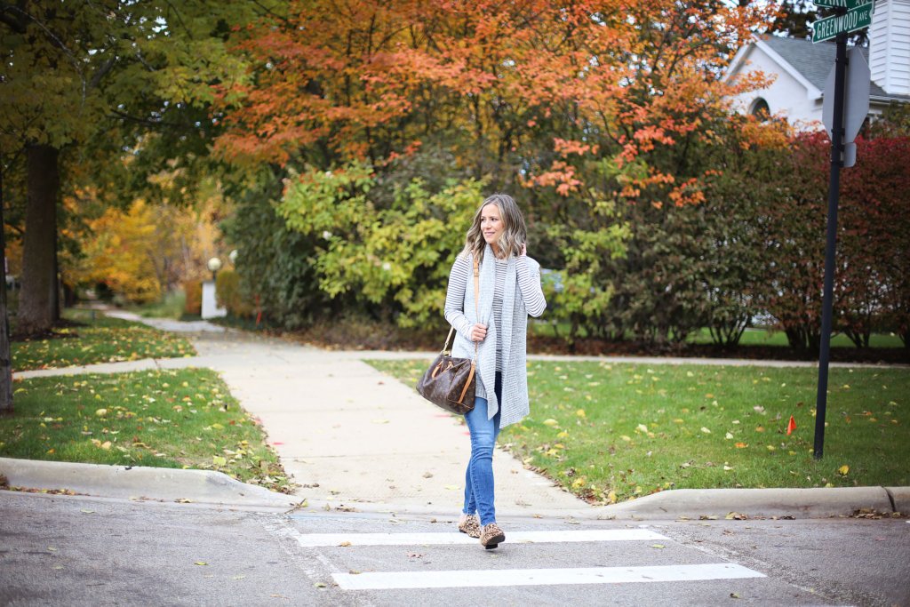 Thanksgiving outfit, striped tee, cardigan, denim, mules, and Louis Vuitton bag