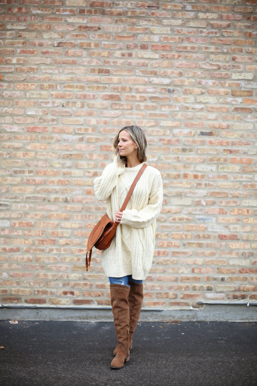 Sweater, denim, over the knee boots, cross body bag