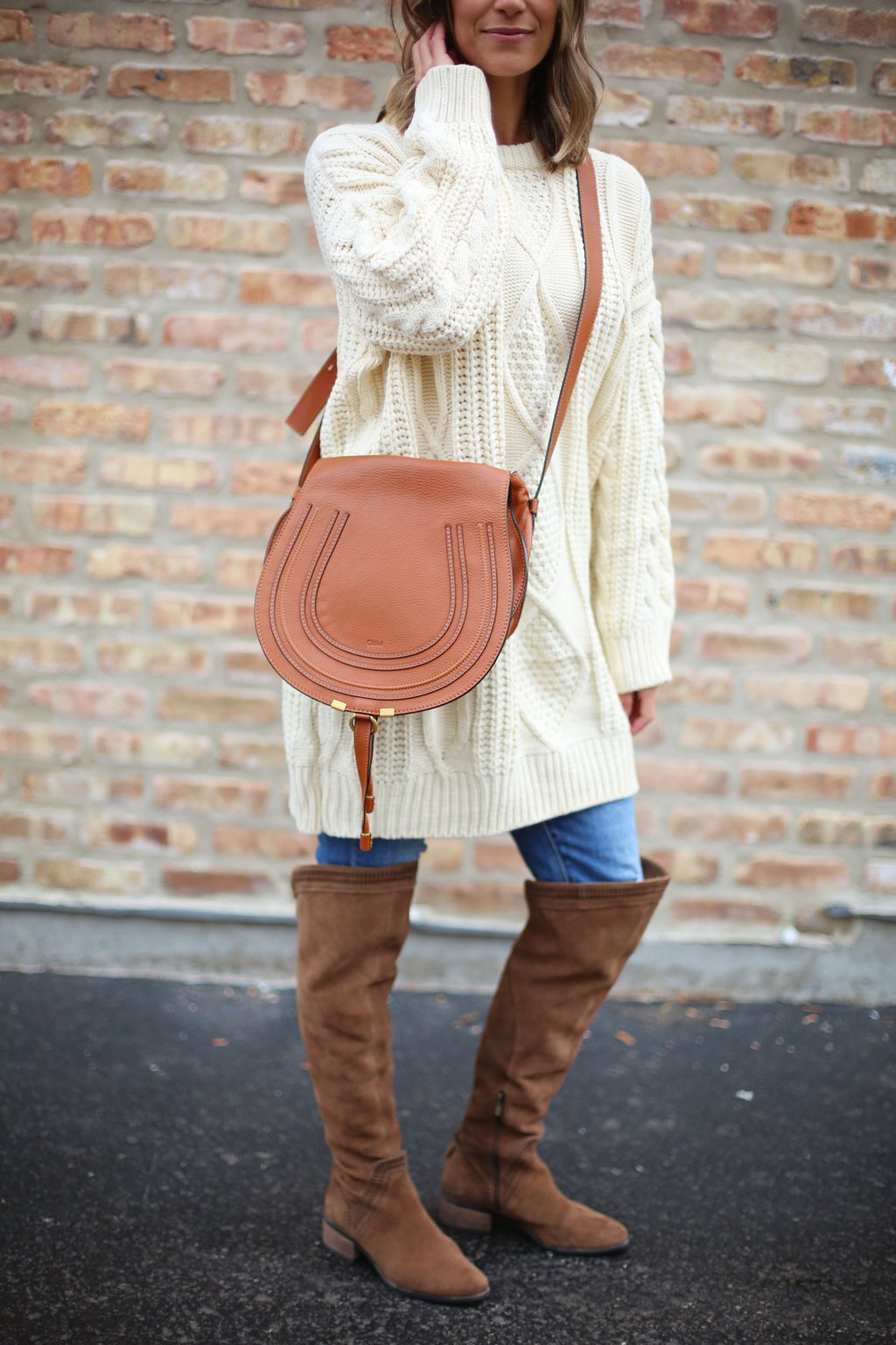 Sweater, denim, over the knee boots, cross body bag
