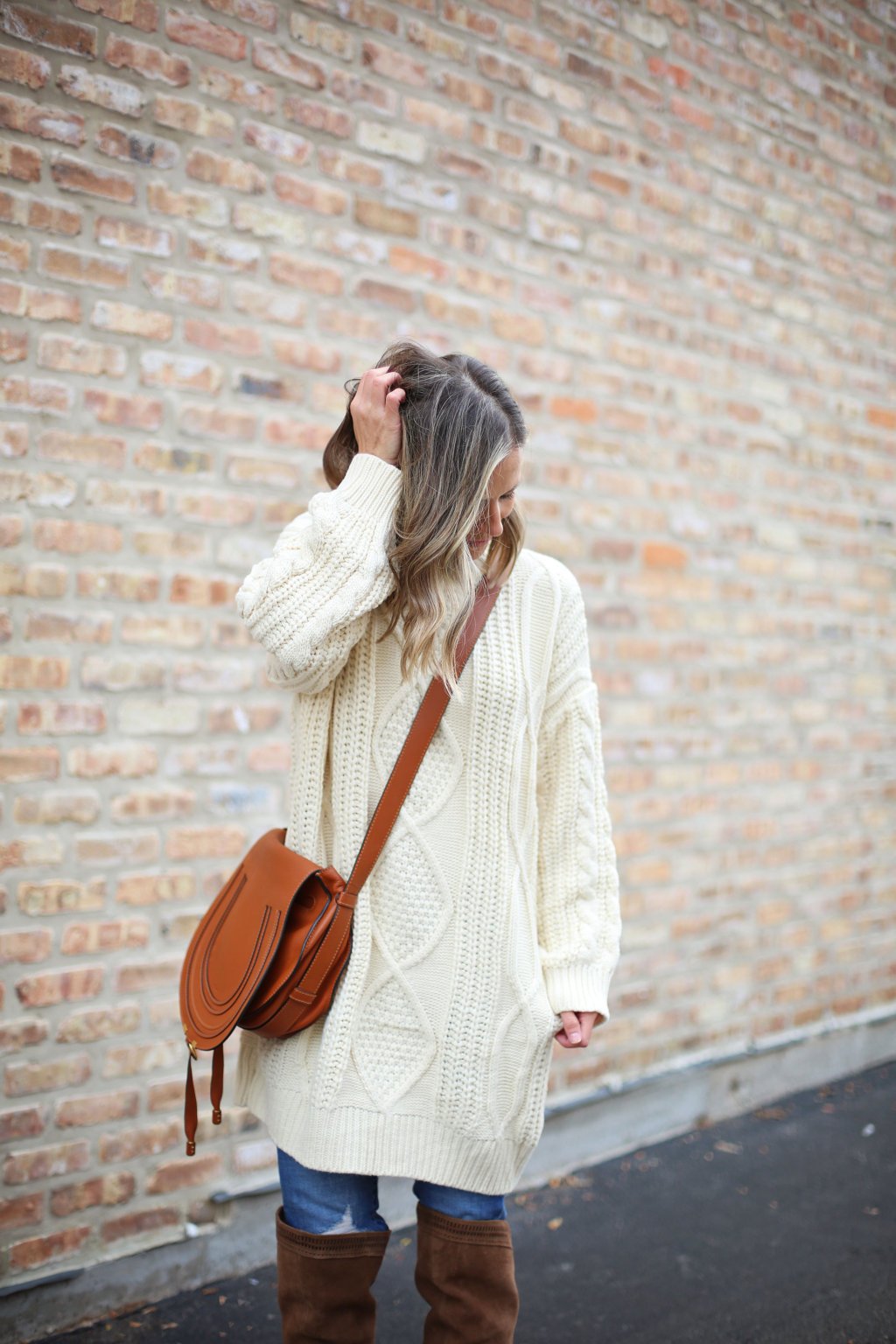 Sweater, denim, over the knee boots, cross body bag