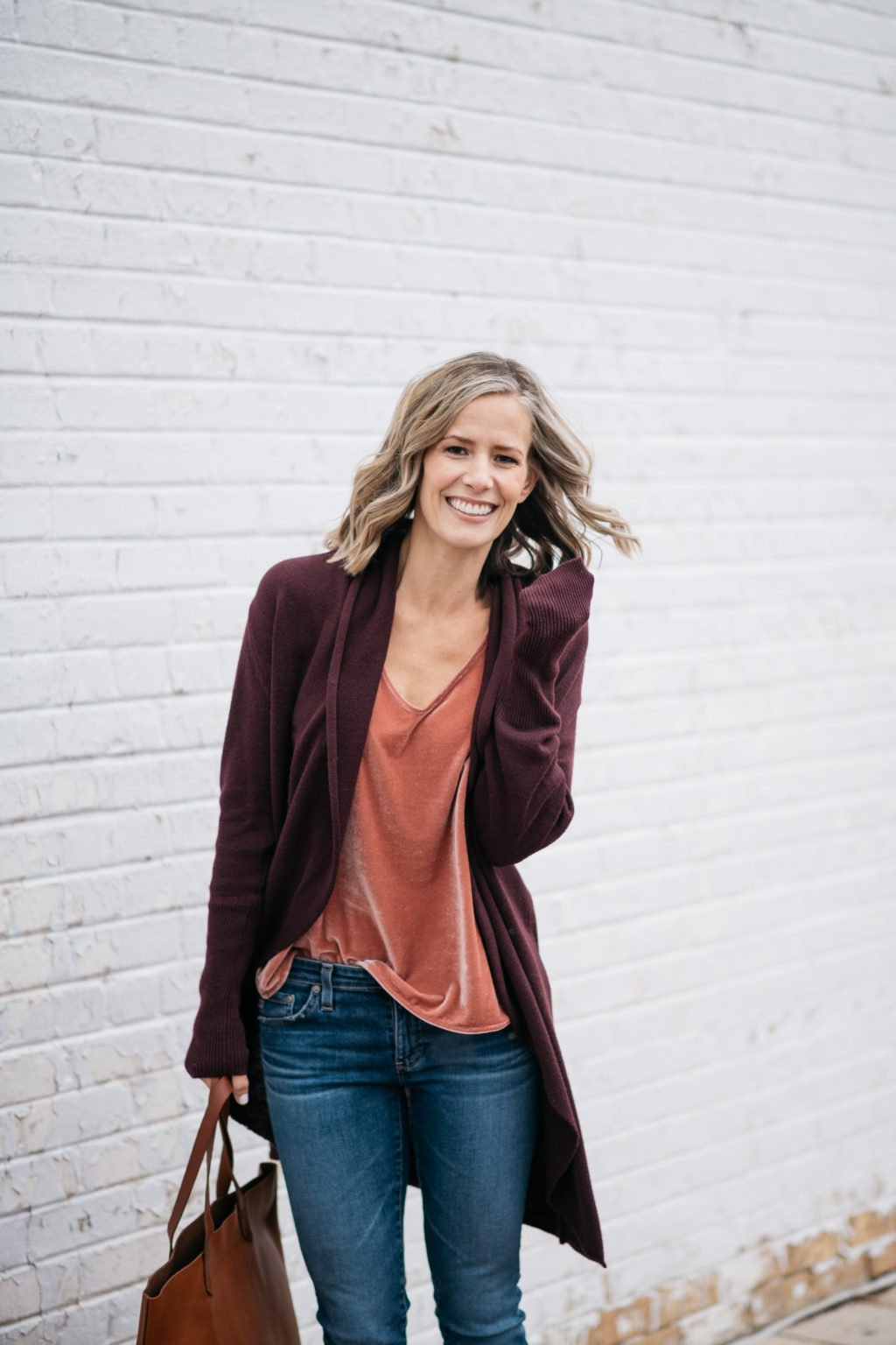 Casual NYE style, tank, cardigan, denim, tote, and flats