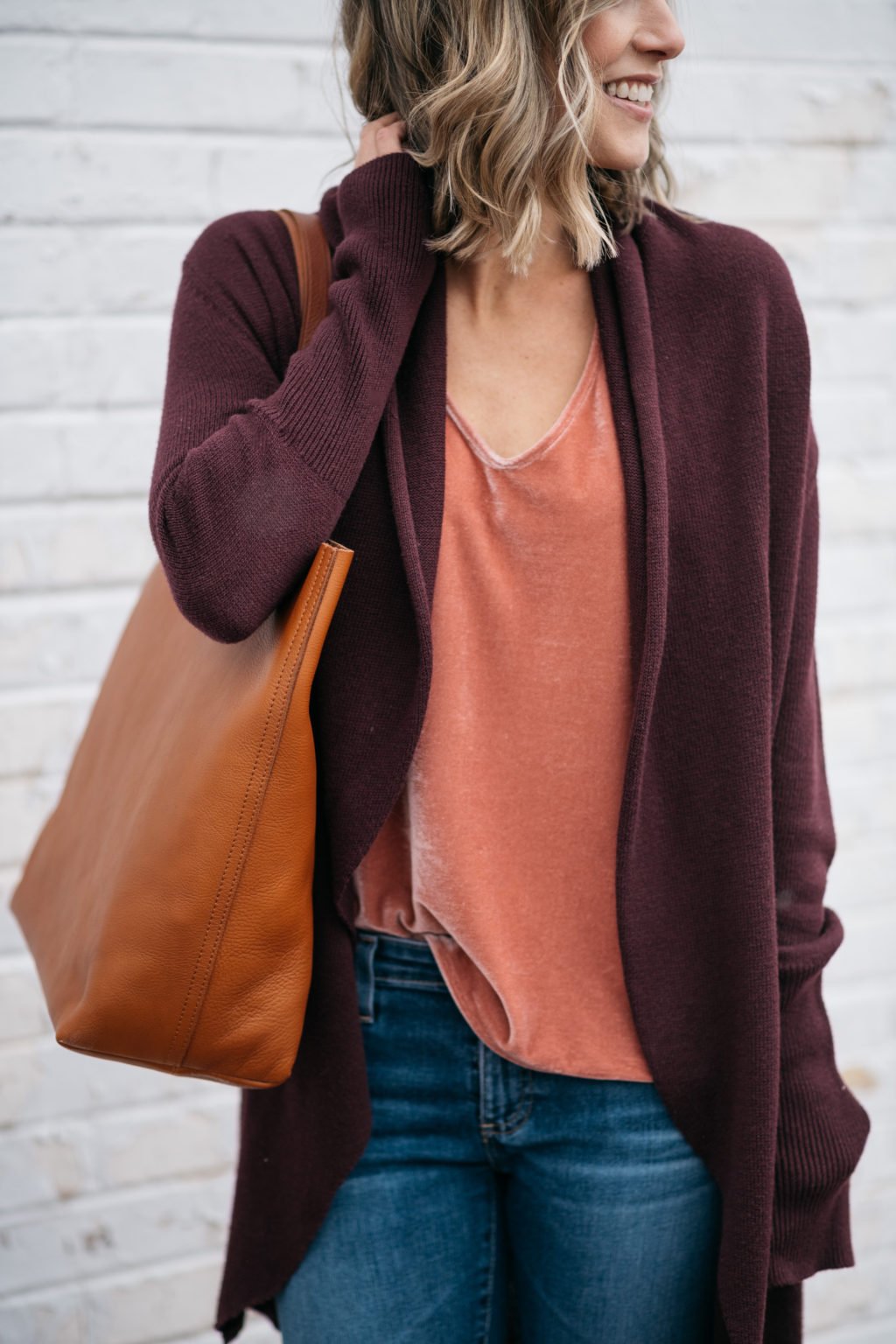Casual NYE style, tank, cardigan, denim, tote, and flats