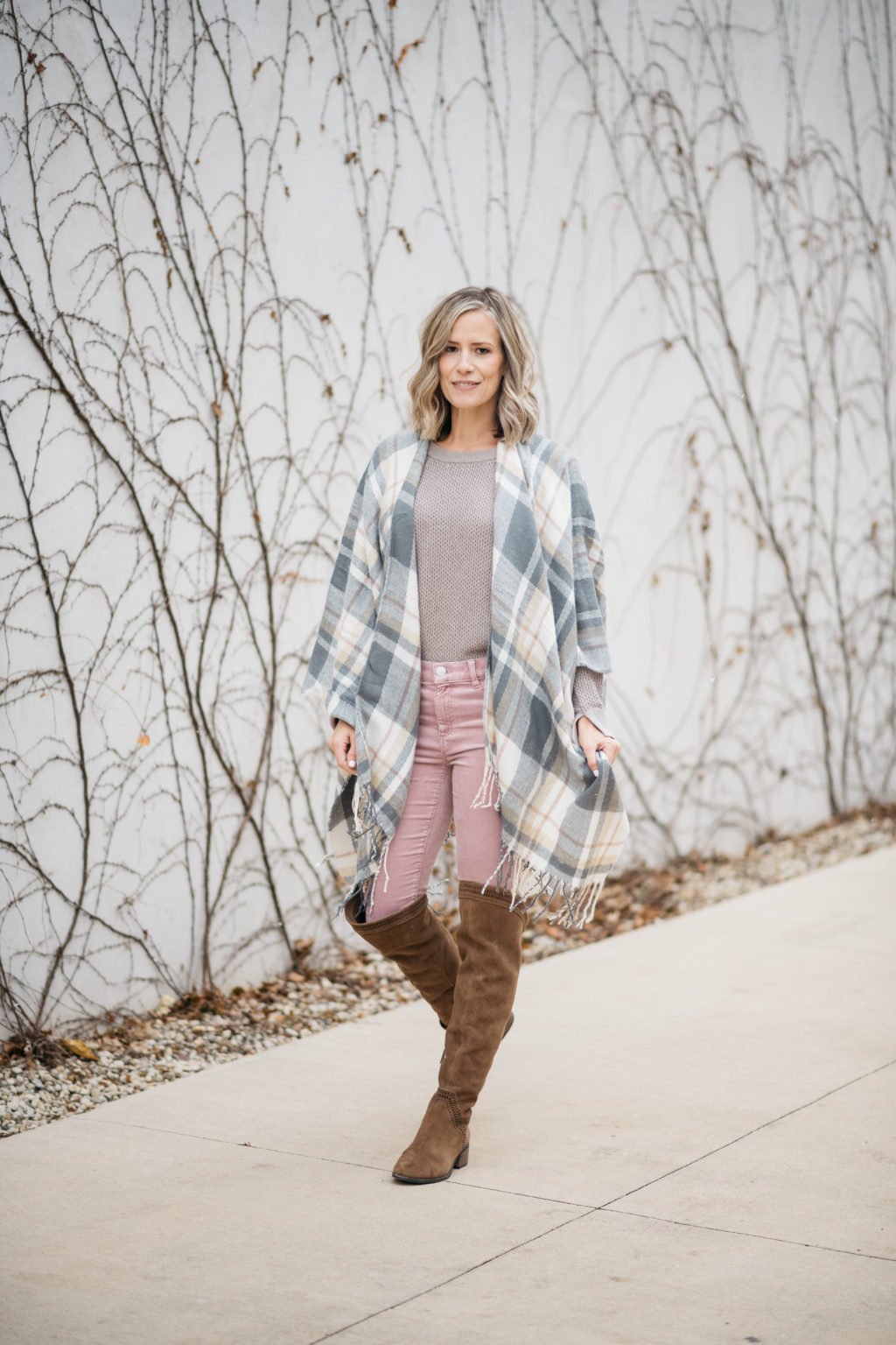 Winter style: pink corduroys, sweater, blanket scarf, over the knee boots