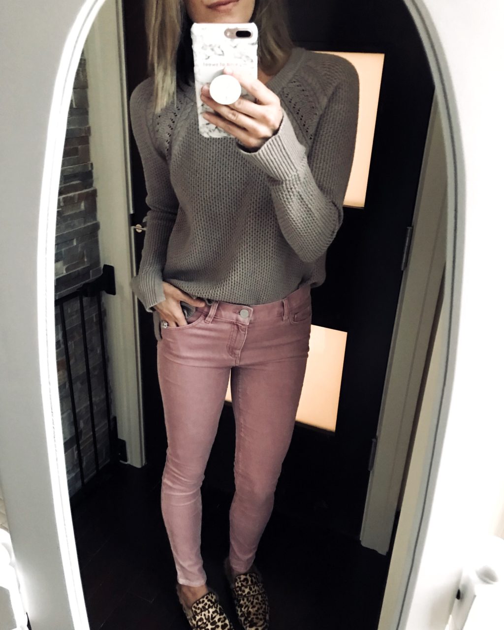 #ootd grey sweater, pink jeans, and leopard mules