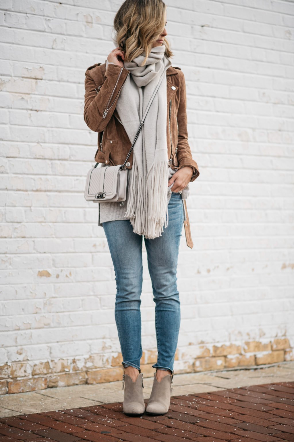 Brown suede moto jacket, sweater, scarf, denim, cross body, booties