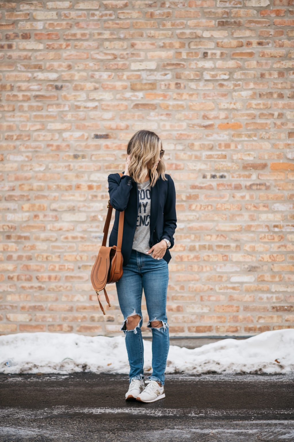 Blazer, graphic tee, sunglasses, denim, crossbody, sneakers