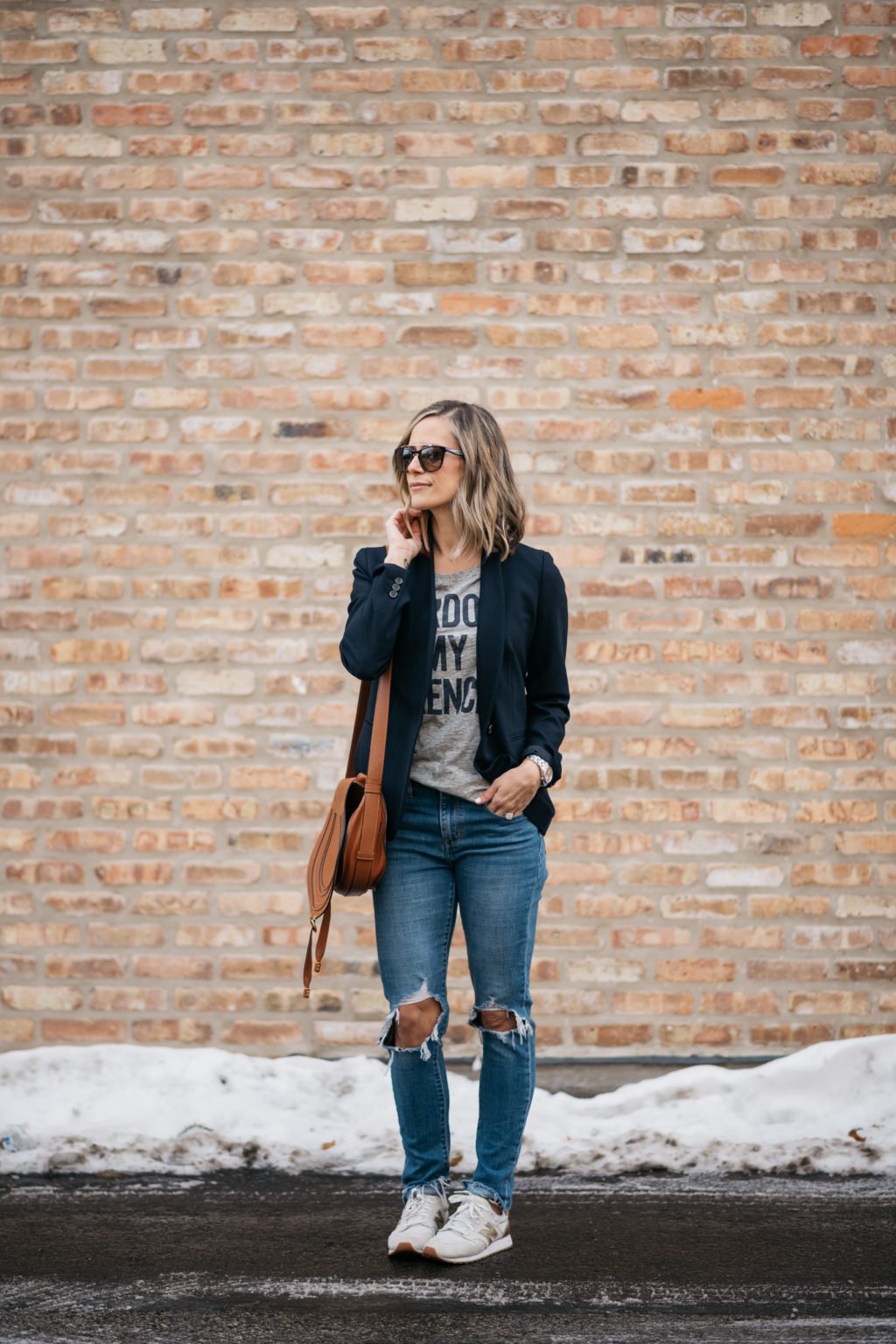 Blazer, graphic tee, sunglasses, denim, crossbody, sneakers