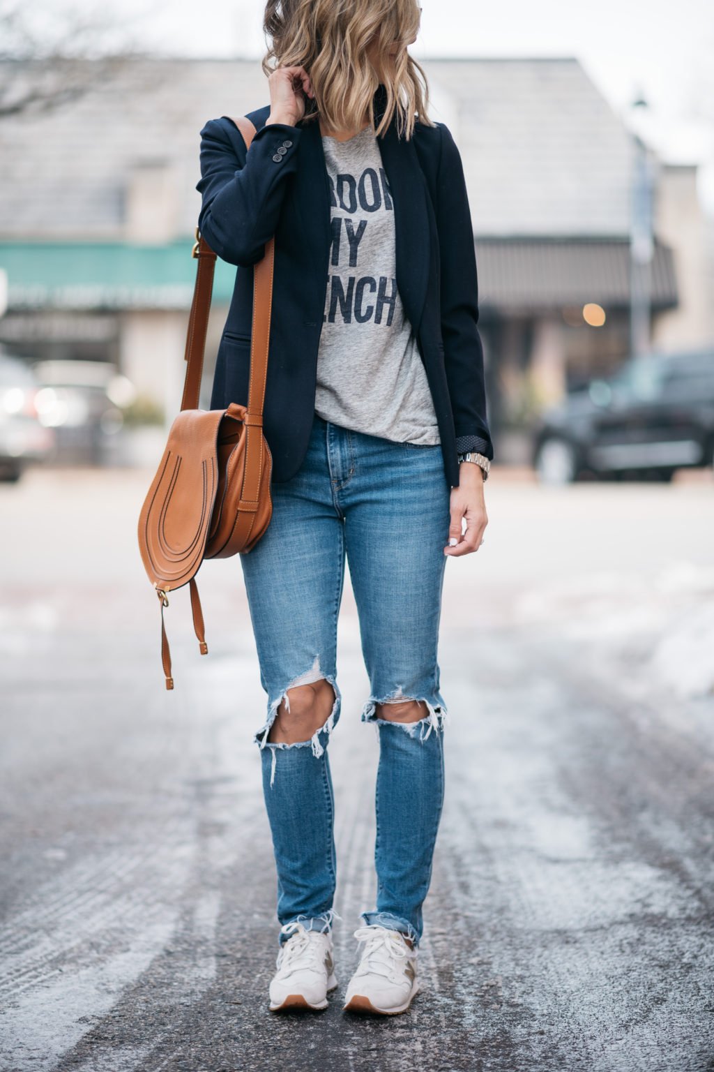 Blazer, graphic tee, sunglasses, denim, crossbody, sneakers