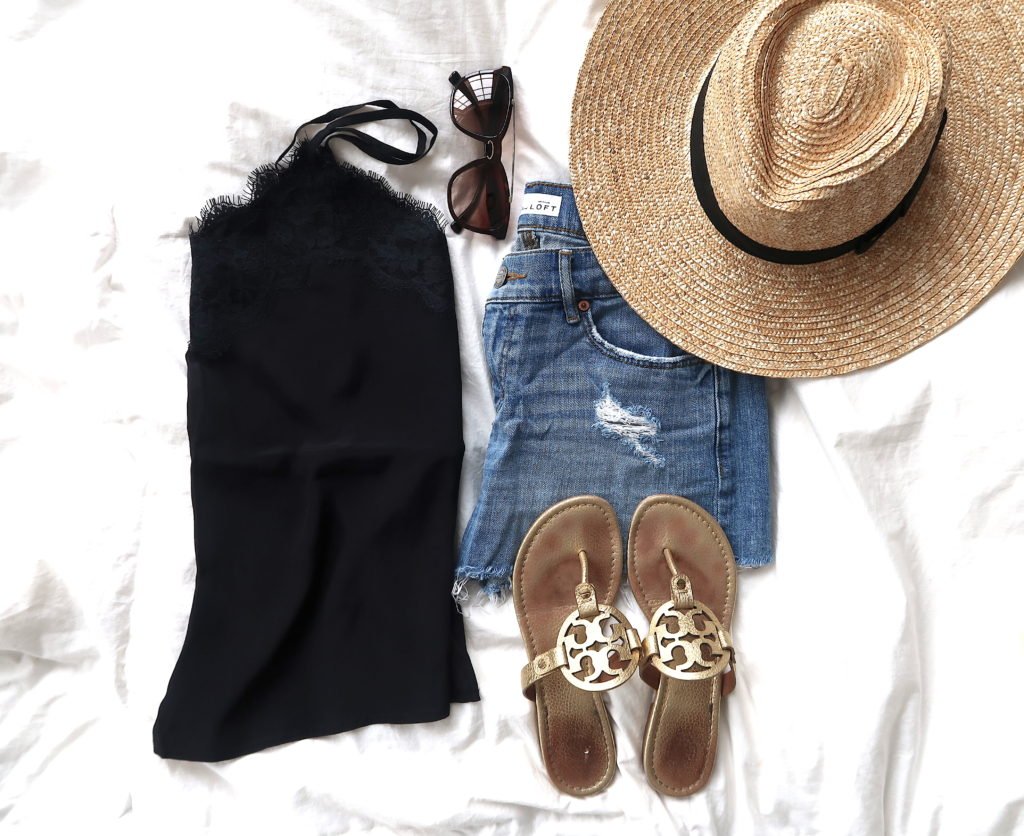 What's In My Suitcase: Beach Vacation, lace cami, denim shorts, straw hat, and sunglasses