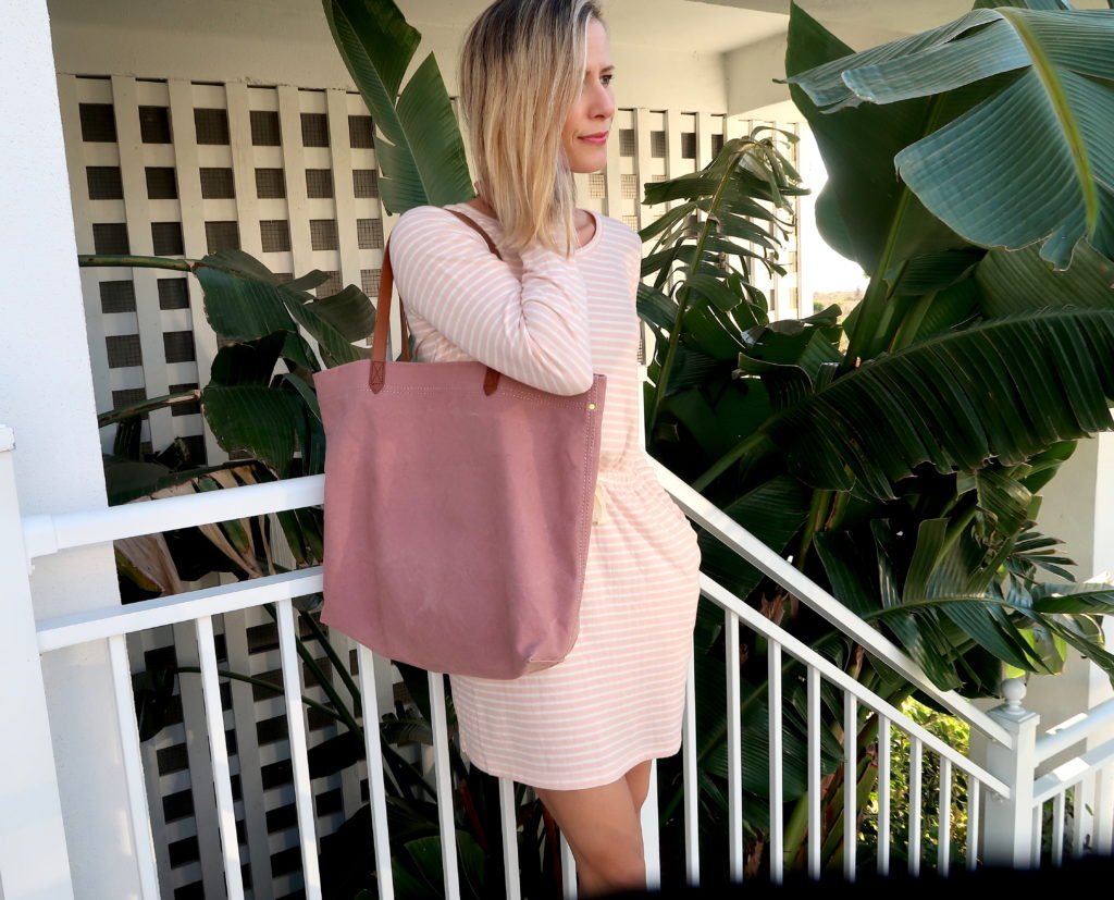 Beach vacation style, striped dress, pink tote