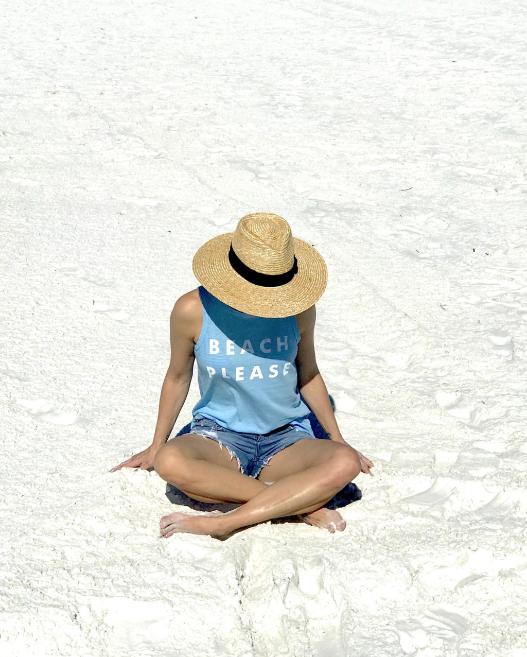 Beach vacation style, graphic tank, denim cut offs, straw hat