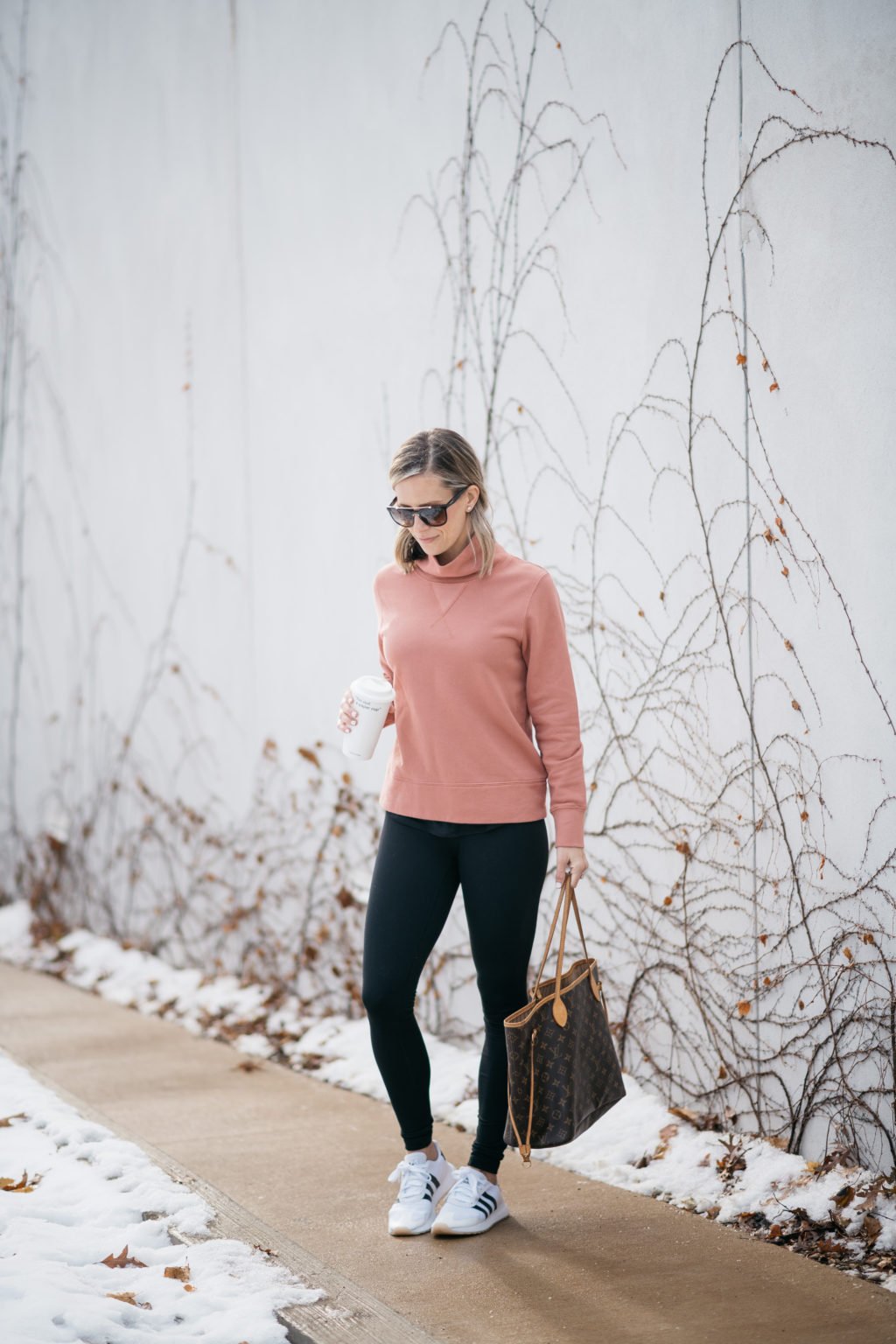 Sweatshirt, leggings, sneakers, beanie, sunglasses, Louis Vuitton bag