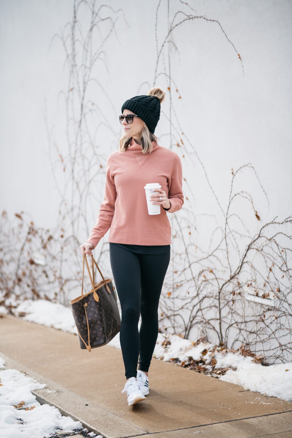 Sweatshirt, leggings, sneakers, beanie, sunglasses, Louis Vuitton bag