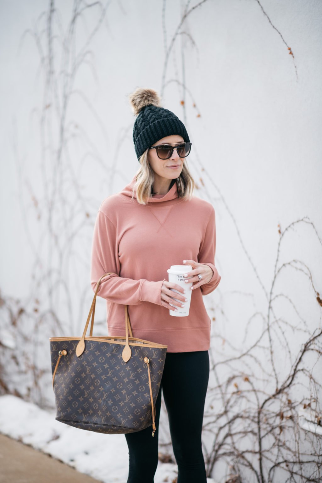Sweatshirt, leggings, sneakers, beanie, sunglasses, Louis Vuitton bag