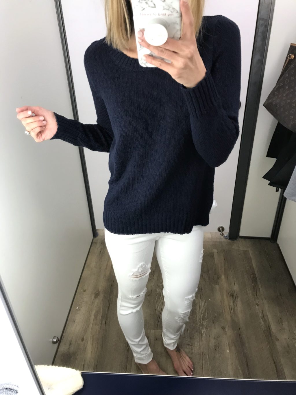 Old Navy try-on haul, blue sweater and white denim