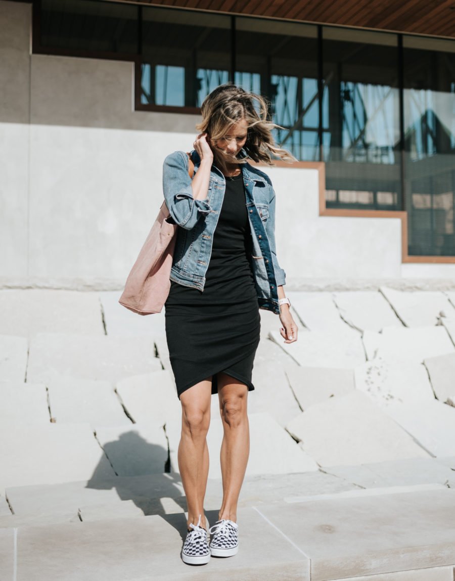Daytime to date night: tank dress, denim jacket, pink tote, sneakers
