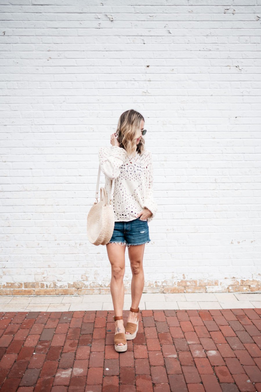 Sweater, cut offs, espadrilles, round straw tote
