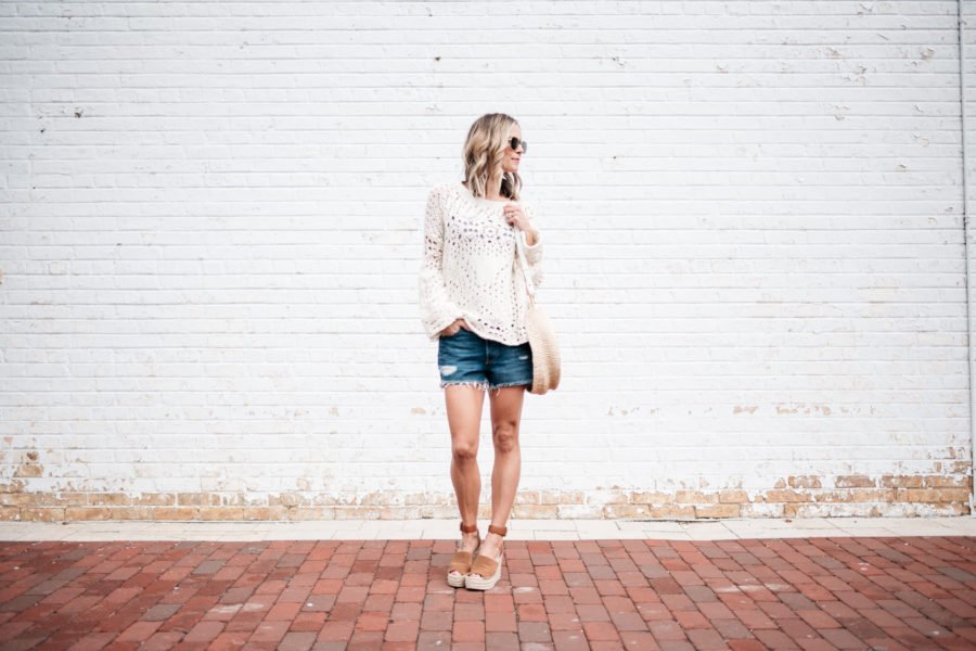 Sweater, cut offs, espadrilles, round straw tote