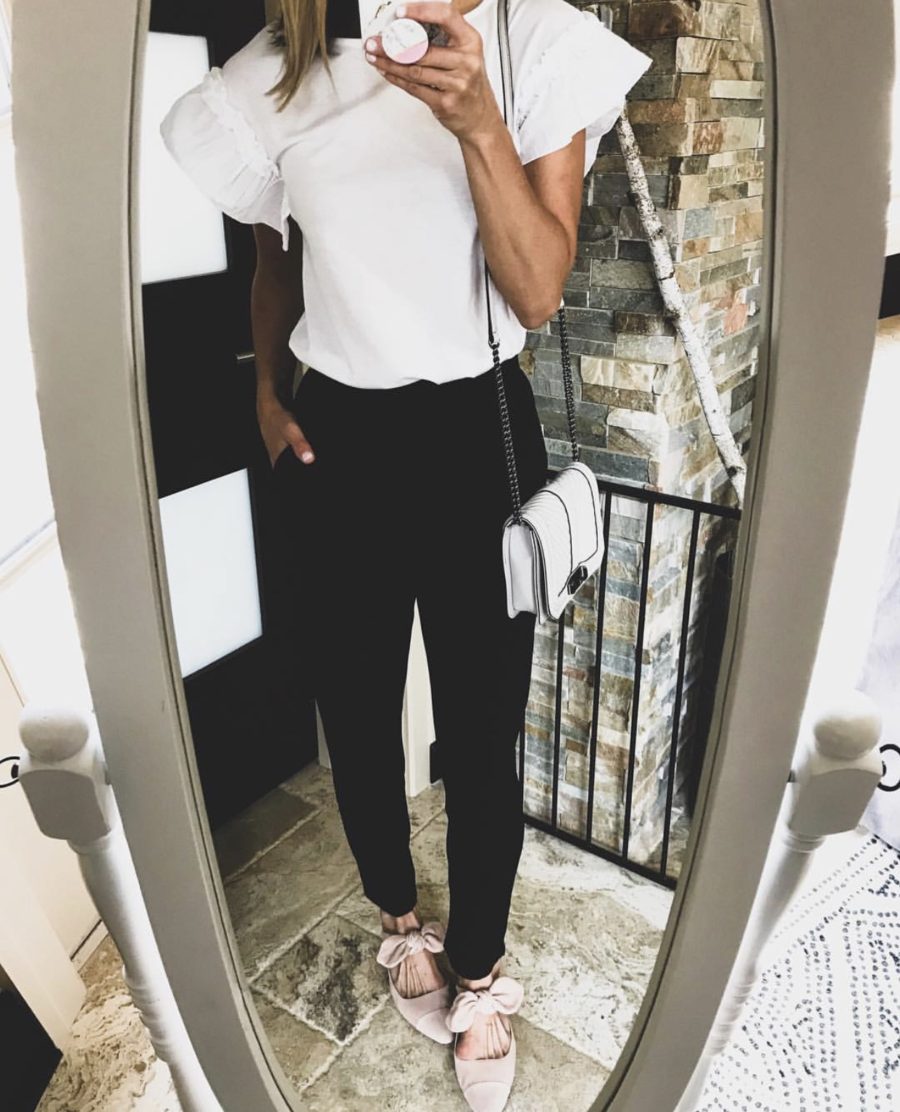 Ruffle sleeve tee, trousers, bow heels