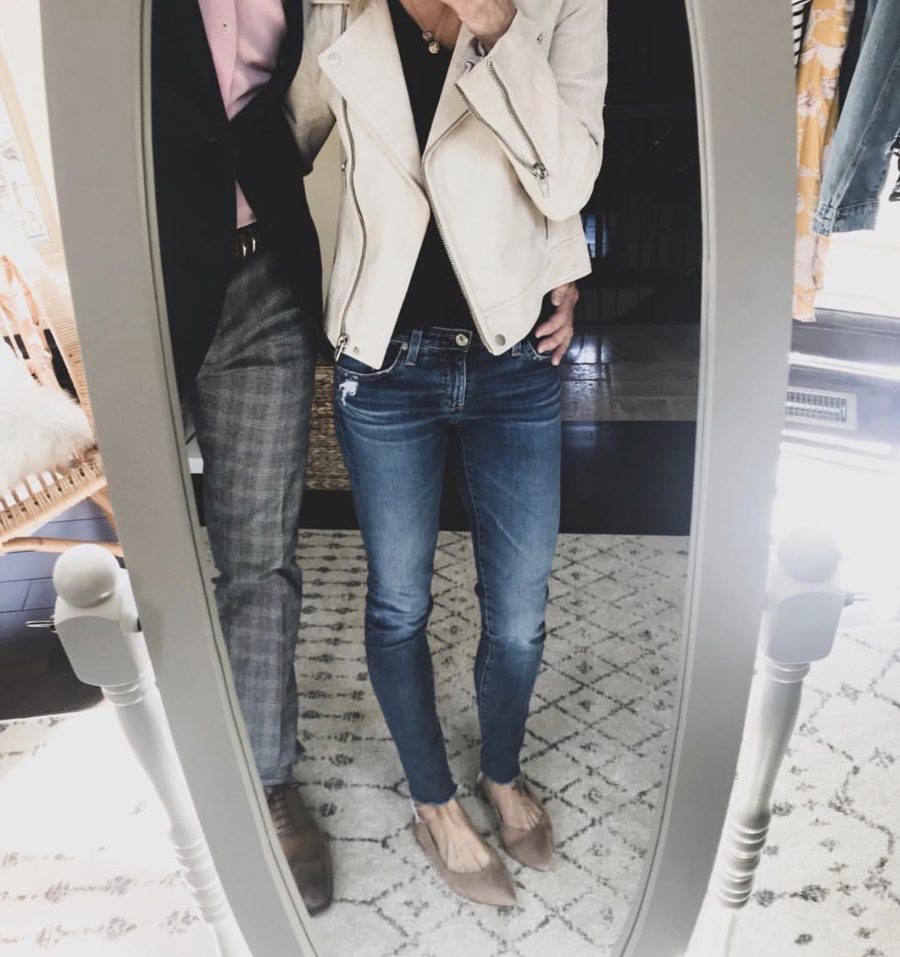 Moto jacket, tee, necklaces, denim, flats