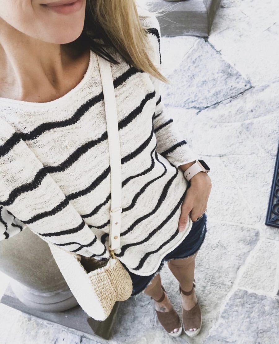 Striped sweater, denim shorts, espadrille wedges, straw bag
