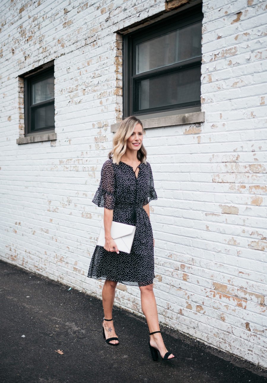 polka dots and ruffle spring dress, white clutch, black heels