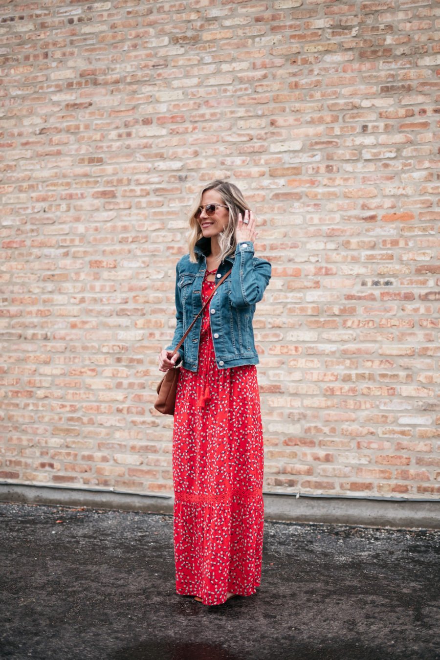 Spring trends: floral maxi, denim jacket,sandals, crossbody bag