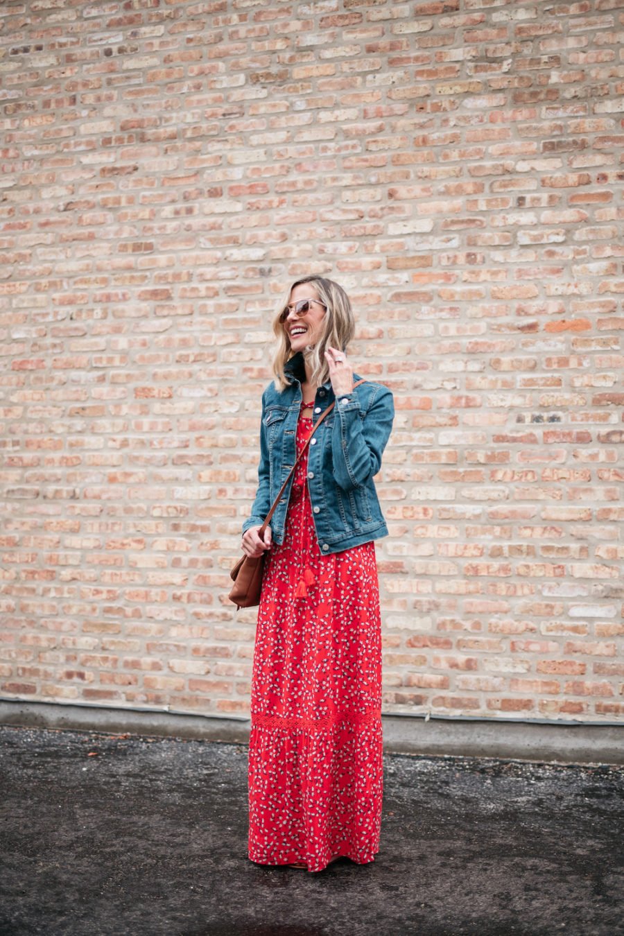 Spring trends: floral maxi, denim jacket,sandals, crossbody bag
