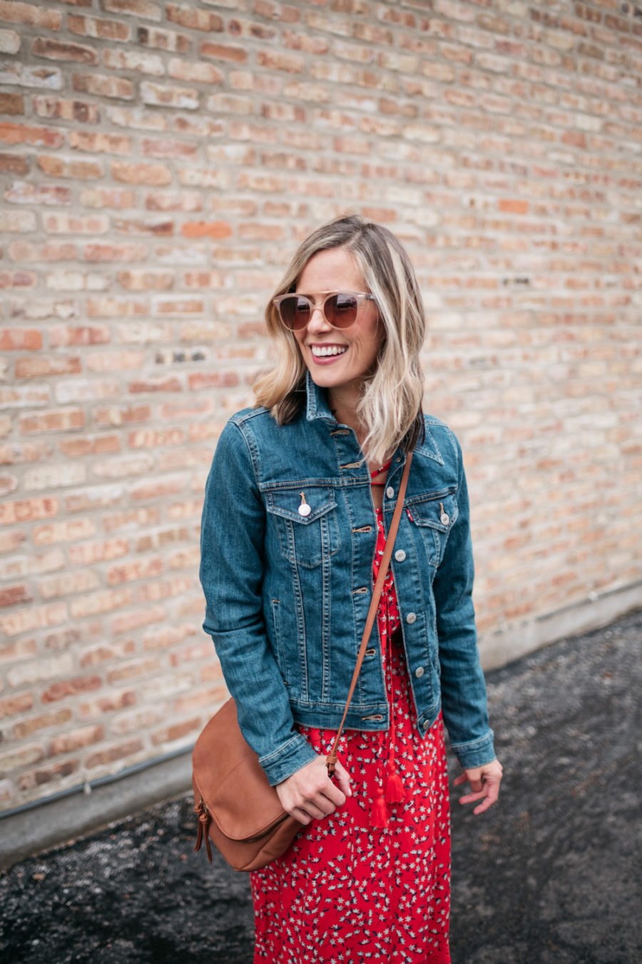 Spring trends: floral maxi, denim jacket,sandals, crossbody bag