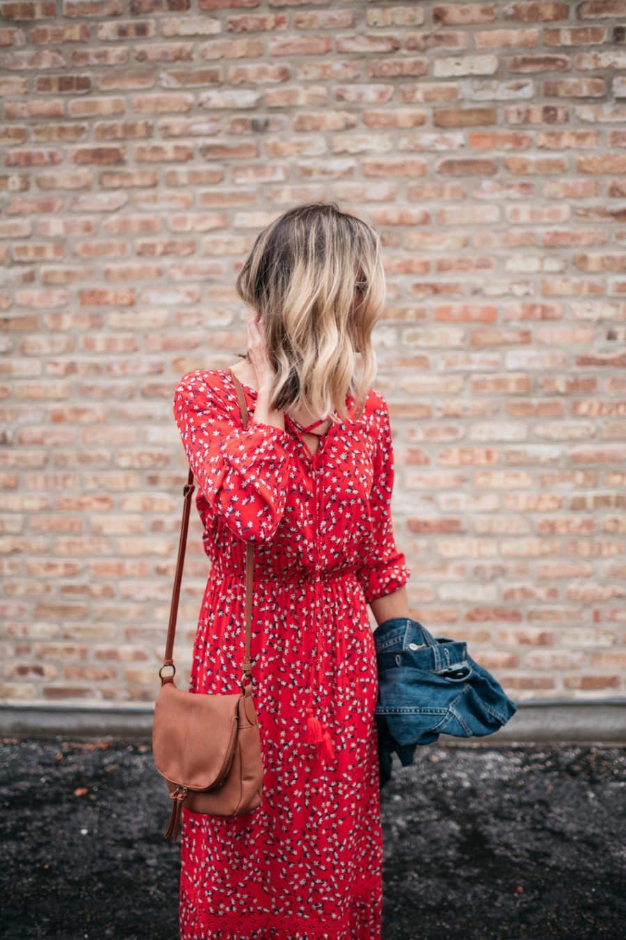 Spring trends: floral maxi, denim jacket,sandals, crossbody bag