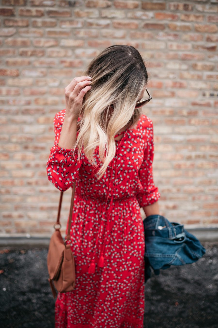 Spring trends: floral maxi, denim jacket,sandals, crossbody bag