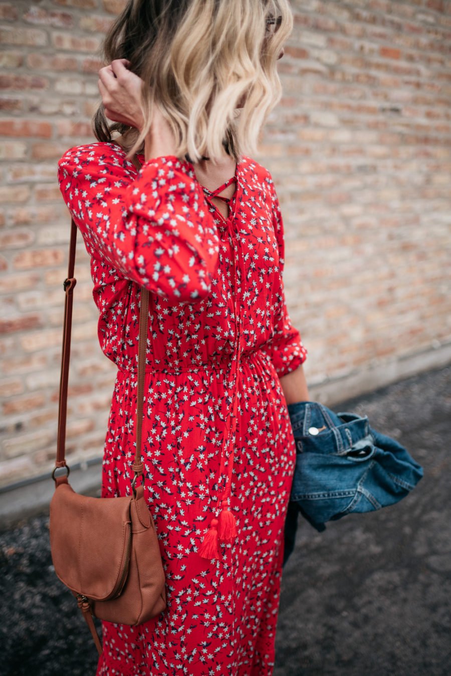 Spring trends: floral maxi, denim jacket,sandals, crossbody bag