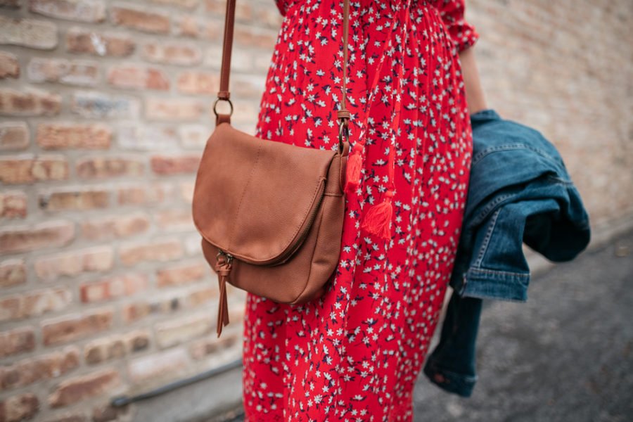 Spring trends: floral maxi, denim jacket,sandals, crossbody bag